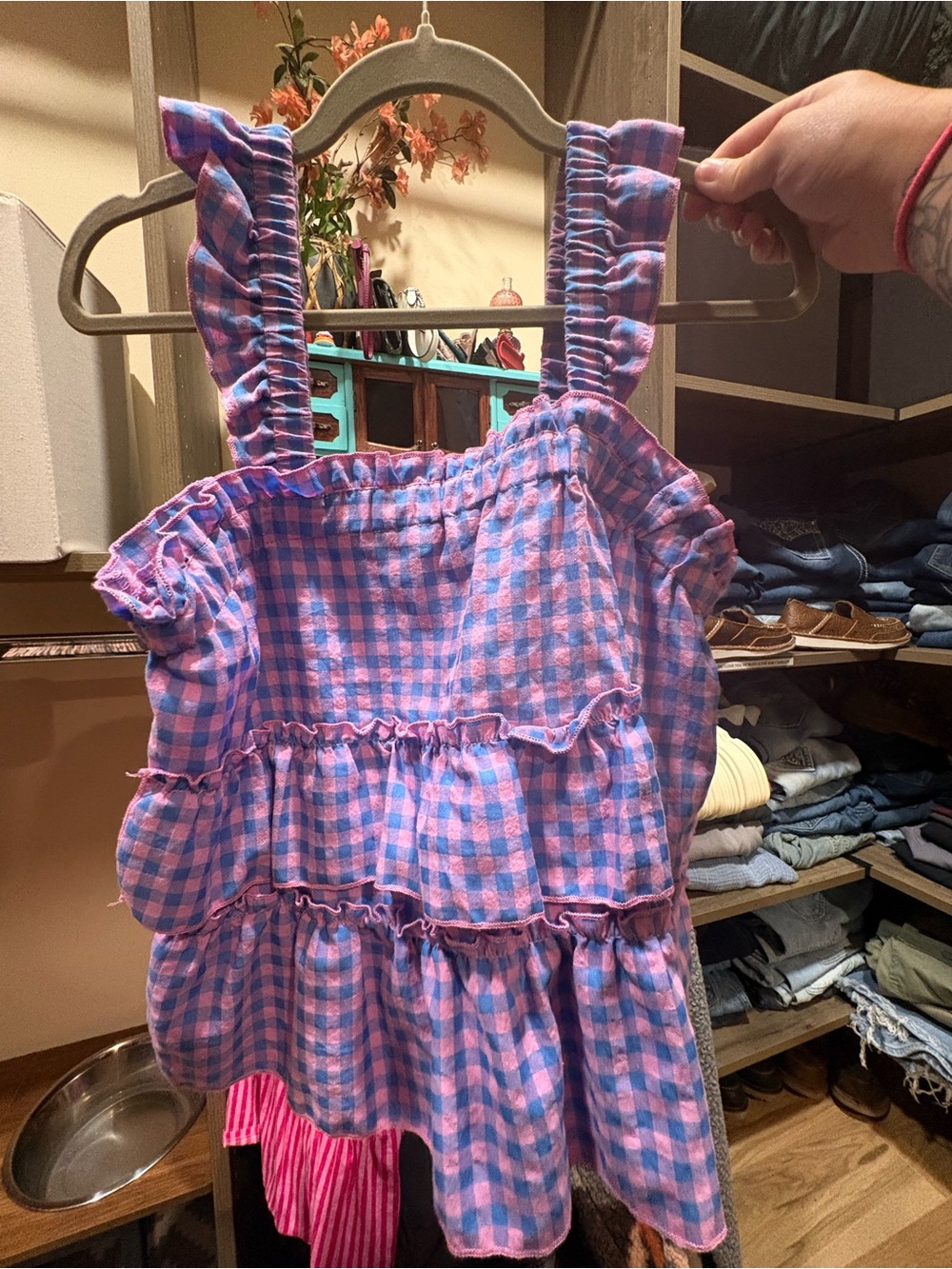 Pink and Blue Gingham Ruffle Tank Top